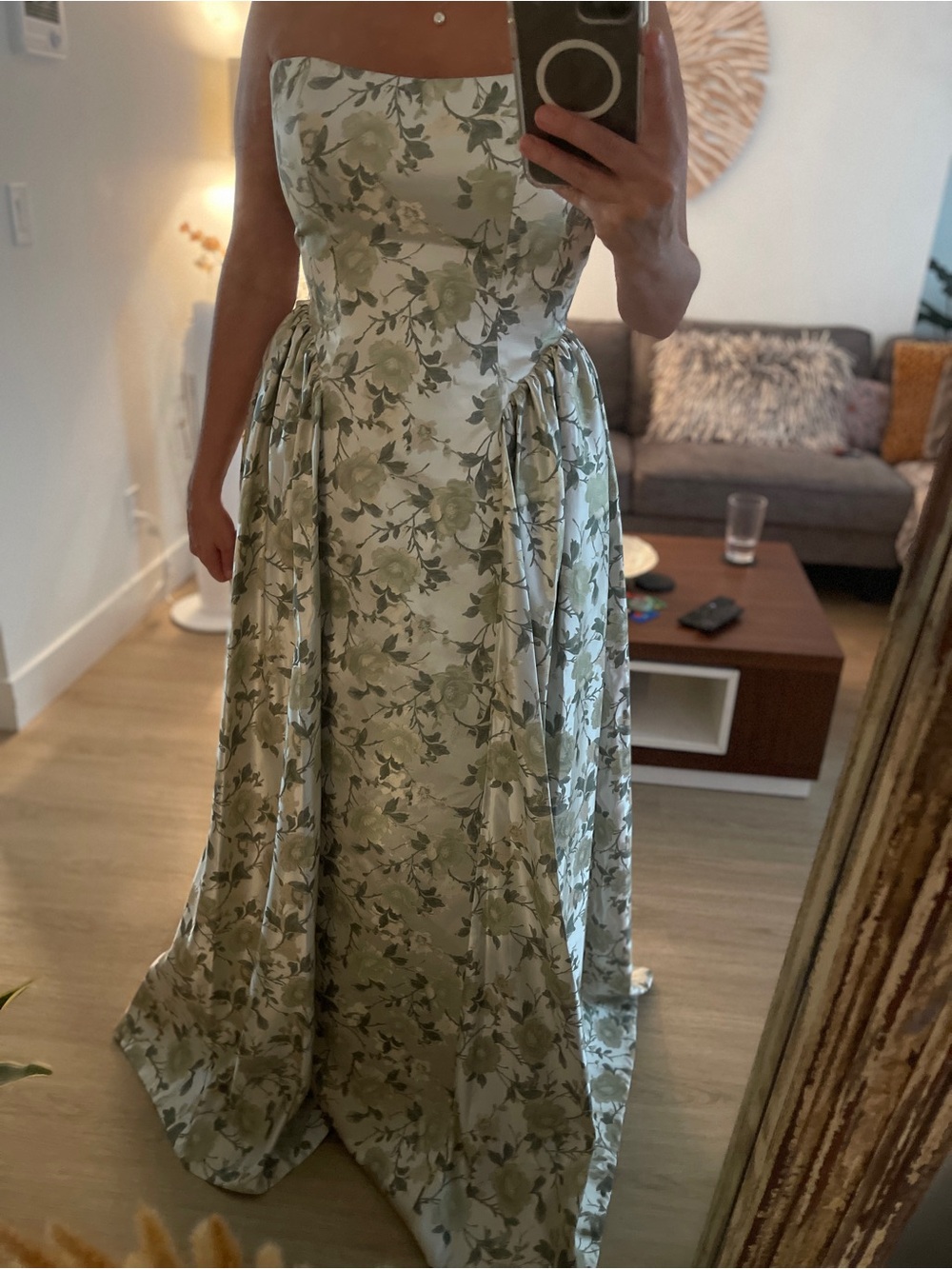 Jenny Yoo The Desiree Strapless Floral Luxe Satin Gown in Matcha Green
